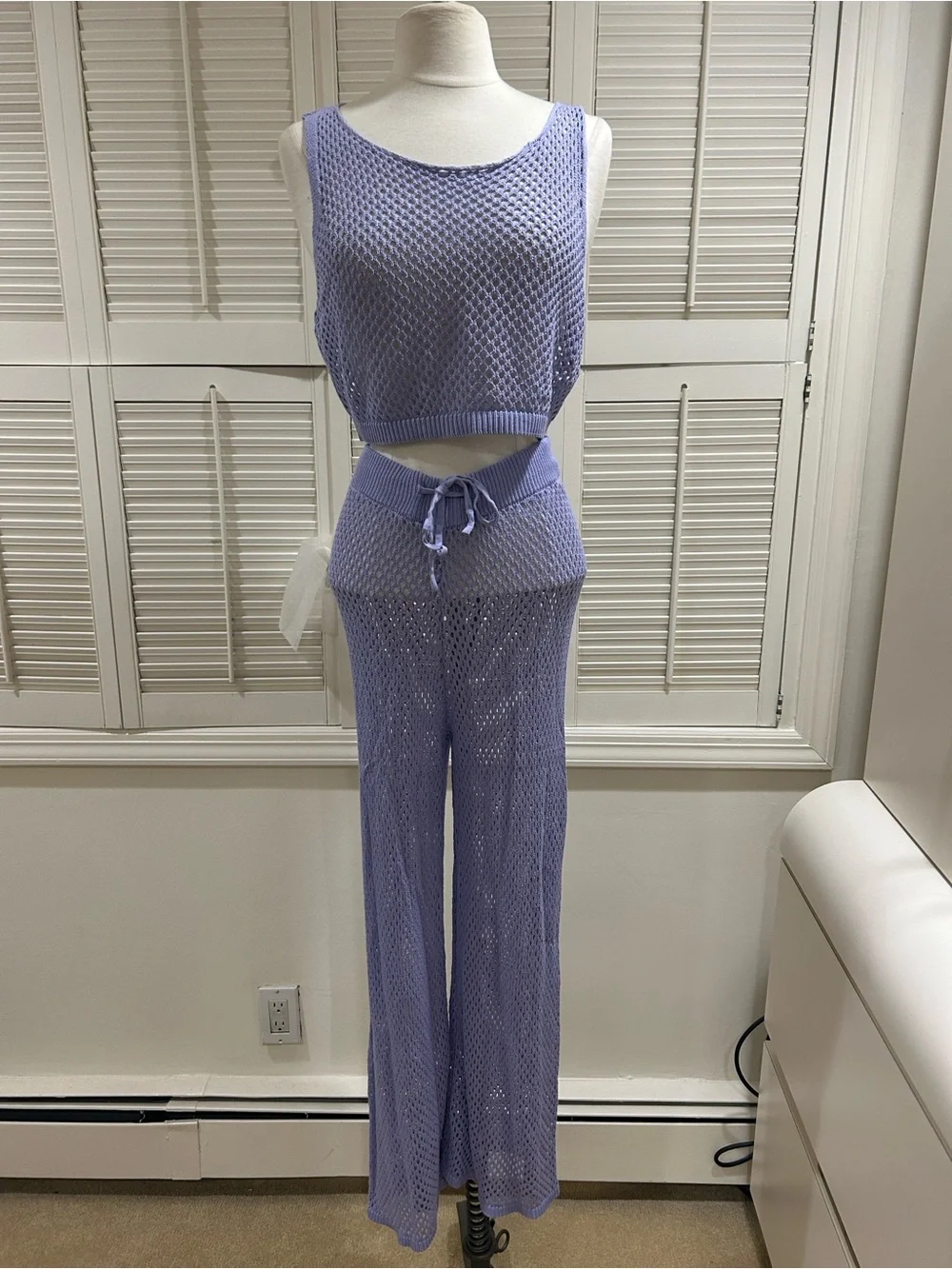 New Lavender Crochet Knit Tank & Wide-Leg Pants Set